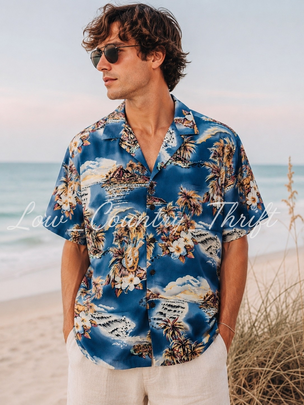 Vintage Hilo Hattie Hawaiian Shirt Large Blue Made in Hawaii Tropical Aloha